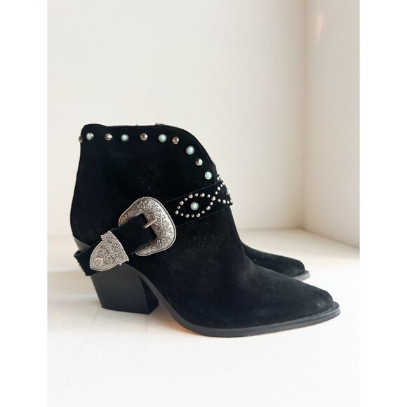 Jessica Simpson Black Suede Silver tone Buckle  Stud Detail Pointy Toe Booties 8 - Picture 1 of 9